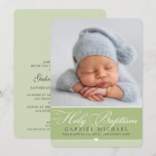 Invitación FOTO BAPTISM elegante caligrafía niño dulce verde