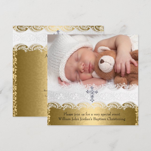 Invitación Foto Baptism Gold Lace Cross Baby Boy Chica (Anverso / Reverso)