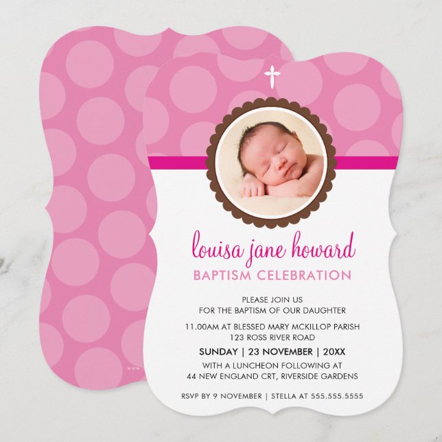 Invitación FOTO BAPTISM INVITE lindo patrón de puntos polka r (Anverso / Reverso)