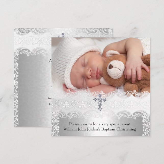 Invitación Foto Baptism Lace Cross Baby Boy Chica Silver (Anverso / Reverso)