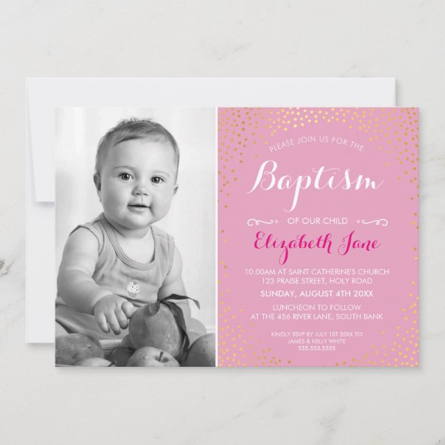 Invitación FOTO BAPTISM lindo mini dorado patrón confetti ros (Anverso)
