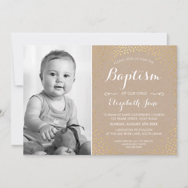 Invitación FOTO BAPTISM lindo mini oro confetti blanco kraft (Anverso)