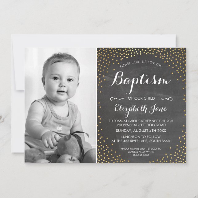 Invitación FOTO BAPTISM lindo mini oro confetti tiza (Anverso)