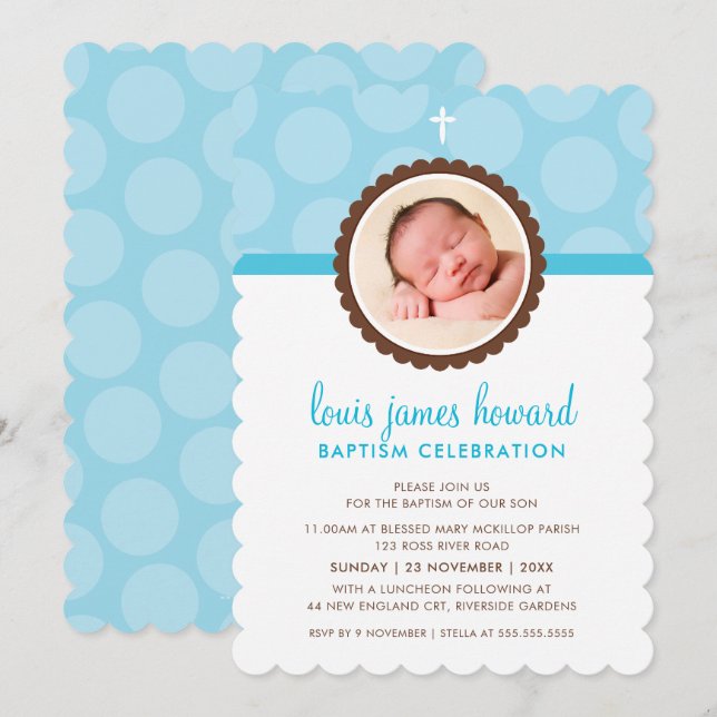 Invitación FOTO BAPTISM moderno patrón de puntos polka azul c (Anverso / Reverso)