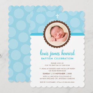 Invitación FOTO BAPTISM moderno patrón de puntos polka azul c