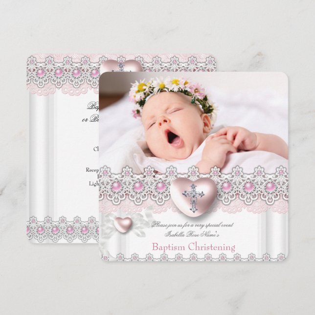 Invitación Foto Baptism Pink Silver Heart Cross Chica Pearl (Anverso / Reverso)