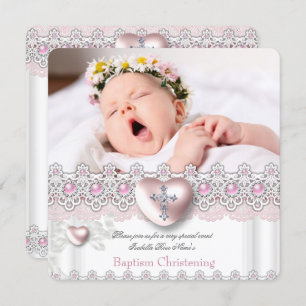 Invitación Foto Baptism Pink Silver Heart Cross Chica Pearl