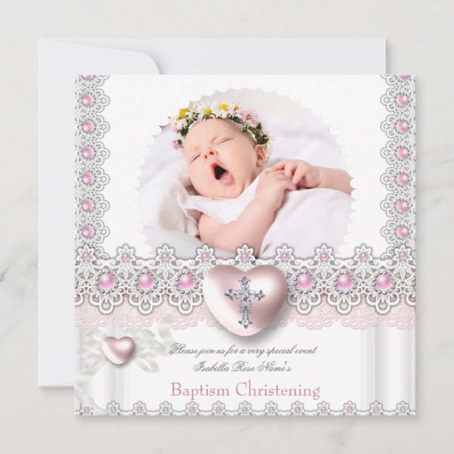 Invitación Foto Baptism Pink Silver Heart Cross Chica Pearl 2 (Anverso)