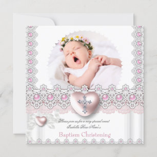 Invitación Foto Baptism Pink Silver Heart Cross Chica Pearl 2