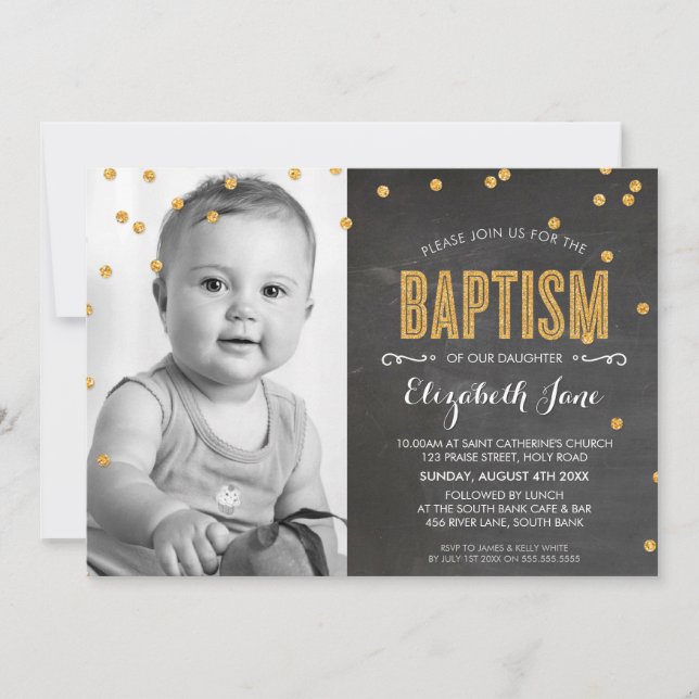 Invitación FOTO BAPTISM purpurina de oro confetti chalkboard (Anverso)