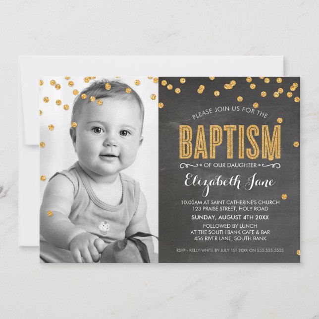 Invitación FOTO BAPTISM purpurina de oro confetti pizarra (Anverso)