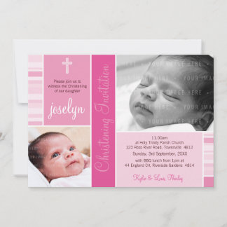 Invitación FOTO BAPTISMO bonito esencia rayada patrón rosa