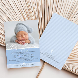 Invitación FOTO BAPTISMO floreciente caligrafía niño azul