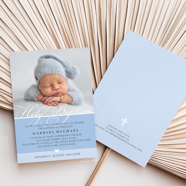 Invitación FOTO BAPTISMO floreciente caligrafía niño azul (Subido por el creador)