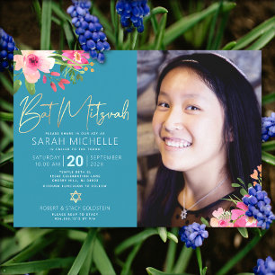 Invitación Foto Bat Mitzvah Azul Floral Acuarela Script