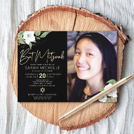 Invitación Foto Bat Mitzvah Floral Dorado Negro Acuarela