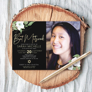 Invitación Foto Bat Mitzvah Floral Dorado Negro Acuarela