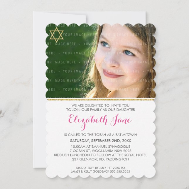 Invitación FOTO BAT MITZVAH raya de chevron purpurina de oro  (Anverso)