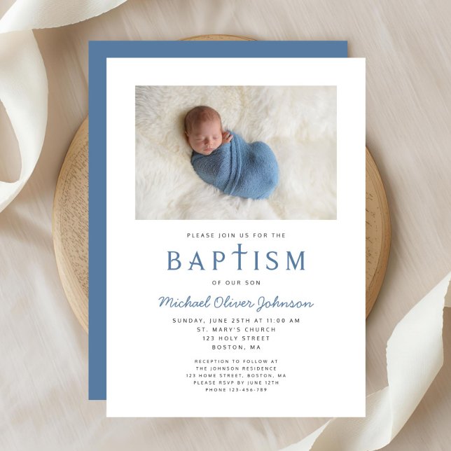 Invitación Foto: Bautismo de chico azul de la cruz religiosa (Photo Religious Cross Blue Boy Baptism Invitation)