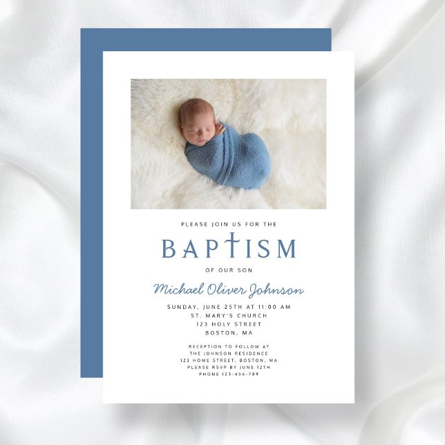 Invitación Foto: Bautismo de chico azul de la cruz religiosa (Photo Religious Cross Blue Boy Baptism Invitation)