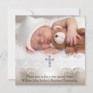 Invitación Foto Bautizo Cruz Blanca Beige Niña Niño