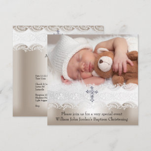 Invitación Foto Bautizo Cruz Blanca Beige Niña Niño Bebé