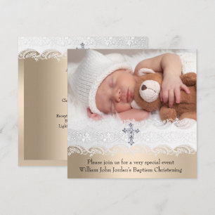 Invitación Foto Bautizo Cruz Blanca Beige Niño Niña