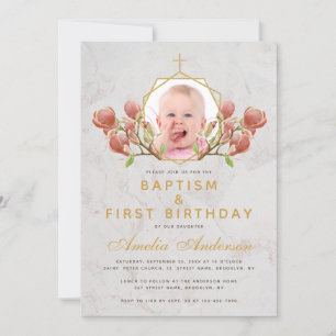 Invitación Foto Bautizo de Niña Rosa Magnolia Primer Cumpleañ