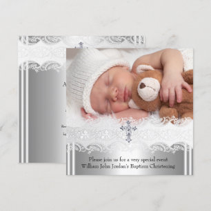 Invitación Foto Bautizo Encaje Cruz Bebé Niño Niña Plata 2