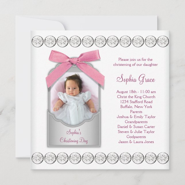 Invitación Foto Bautizo Niña Bebé Rosa Blanca (Anverso)