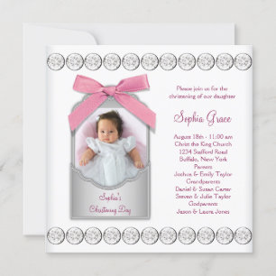 Invitación Foto Bautizo Niña Bebé Rosa Blanca
