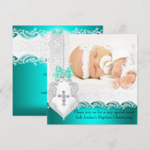 Invitación FOTO Bautizo niña o niño jade verde y encaje blanc