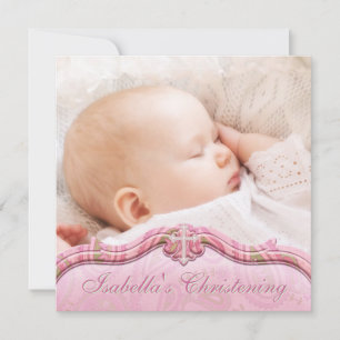 Invitación Foto Bautizo Niña Pink Verde Paisley