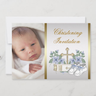 Invitación Foto Bautizo Niño Blanco Azul Dorado