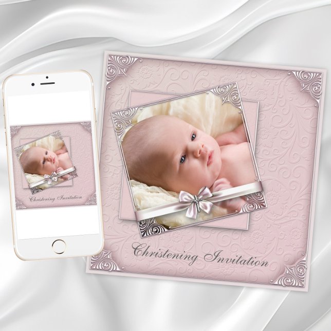 Invitación Foto Bautizo Rosa Rubor  (Blush pink christening invitation. Add photo and text. Download and printed invitations available.)
