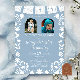 Invitación Foto Bebé Azul Cielito Lindo Niño Gemelos Bautizo
