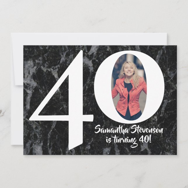 Invitación Foto Big 40 Black Marble Birthday Party (Anverso)