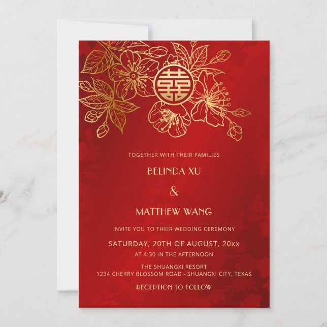 Invitación Foto BILINGUAL Boda chino Oro Rojo (Anverso)
