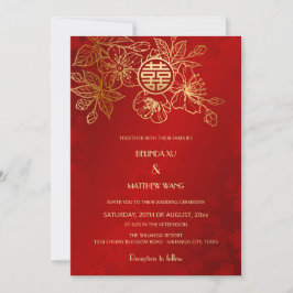 Invitación Foto BILINGUAL Boda chino Oro Rojo