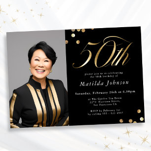 Invitación Foto Black and Gold 50th Birthday
