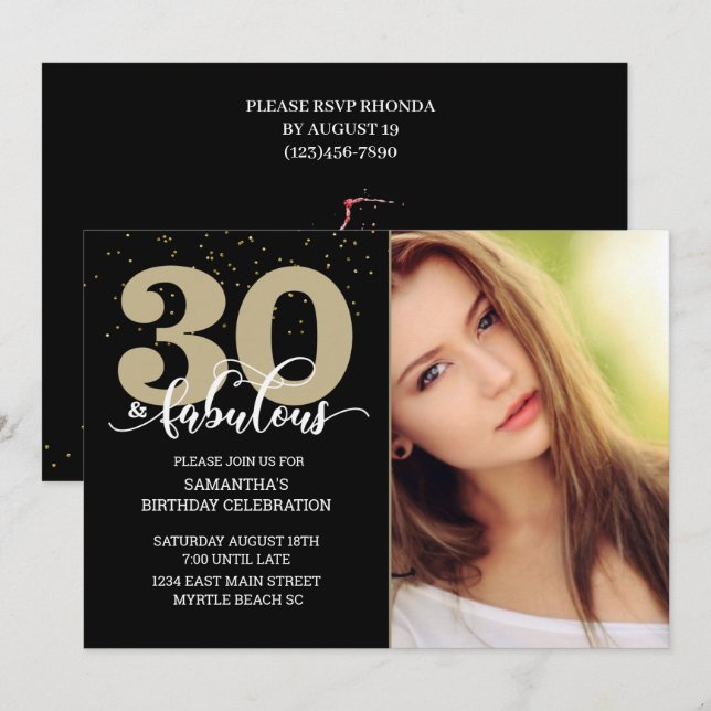 Invitación Foto Black Gold 30 y fabulosa fiesta de cumpleaños (Anverso / Reverso)