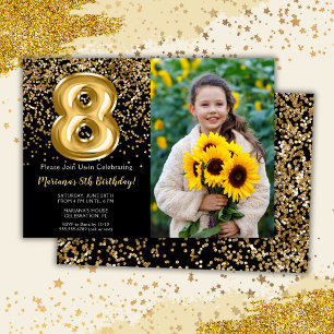 Invitación Foto Black Gold Kids 8Cumpleaños Party