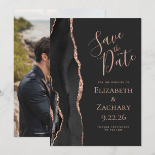 Invitación Foto: Black Rosa Gold Agate Dark Save the Date