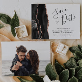 Invitación Foto: Black Rosa Gold Agate Save the Date Card