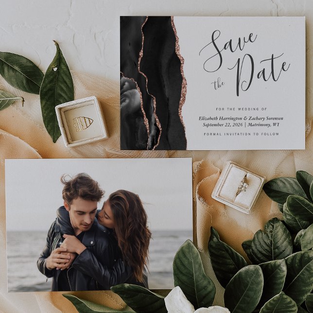 Invitación Foto: Black Rosa Gold Agate Save the Date Card (Subido por el creador)