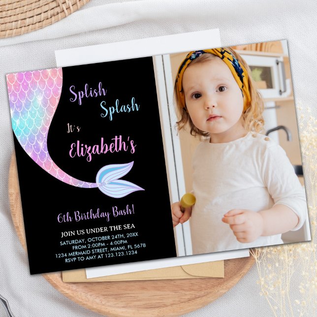 Invitación Foto Black Splash Splish Mermaid Cumpleaños (Photo Black Splash Splish Mermaid Birthday Invitation)