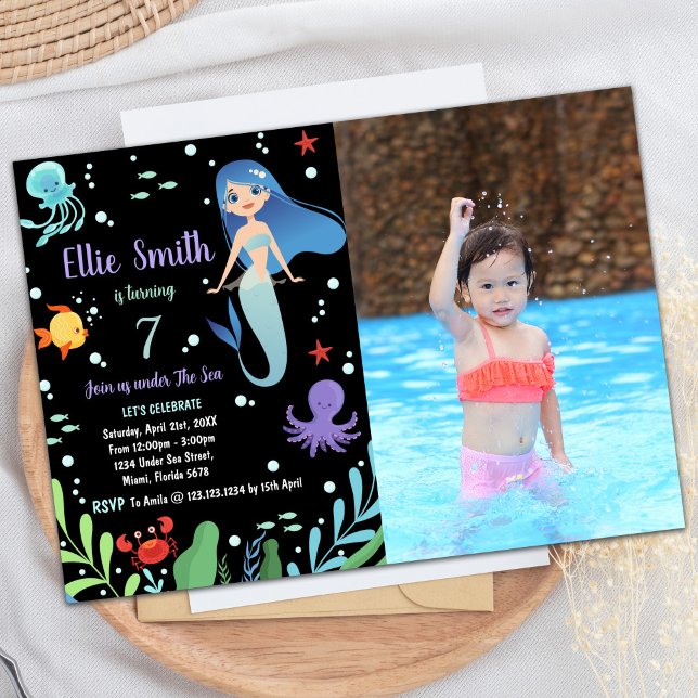 Invitación Foto Black Under the sea Mermaid Birthday (Photo Black Under the sea Mermaid Birthday Invitation)