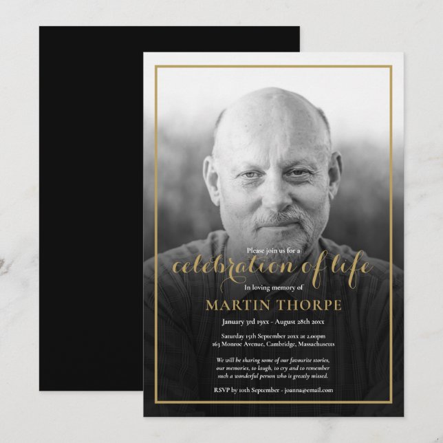 Invitación Foto: Black White Celebration of Life Funeral (Anverso / Reverso)