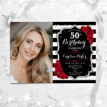 Invitación Foto Black White Stripes Red Silver 50 cumpleaños<br><div class="desc">Elegante invitación de 50 años floral femenina con tu foto. Diseño rojo blanco y negro de cristal con plata falsa purpurina. Presenta rayas negras y blancas, rosas rojas, fuente de escritura y confeti. Perfecto para un elegante fiesta de celebración de cumpleaños. Personaliza con tus propios detalles. ¡Se puede personalizar para...</div>