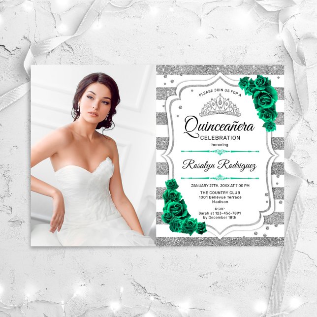 Invitación Foto blanca de Plata verde esmeralda Quinceanera (Subido por el creador)